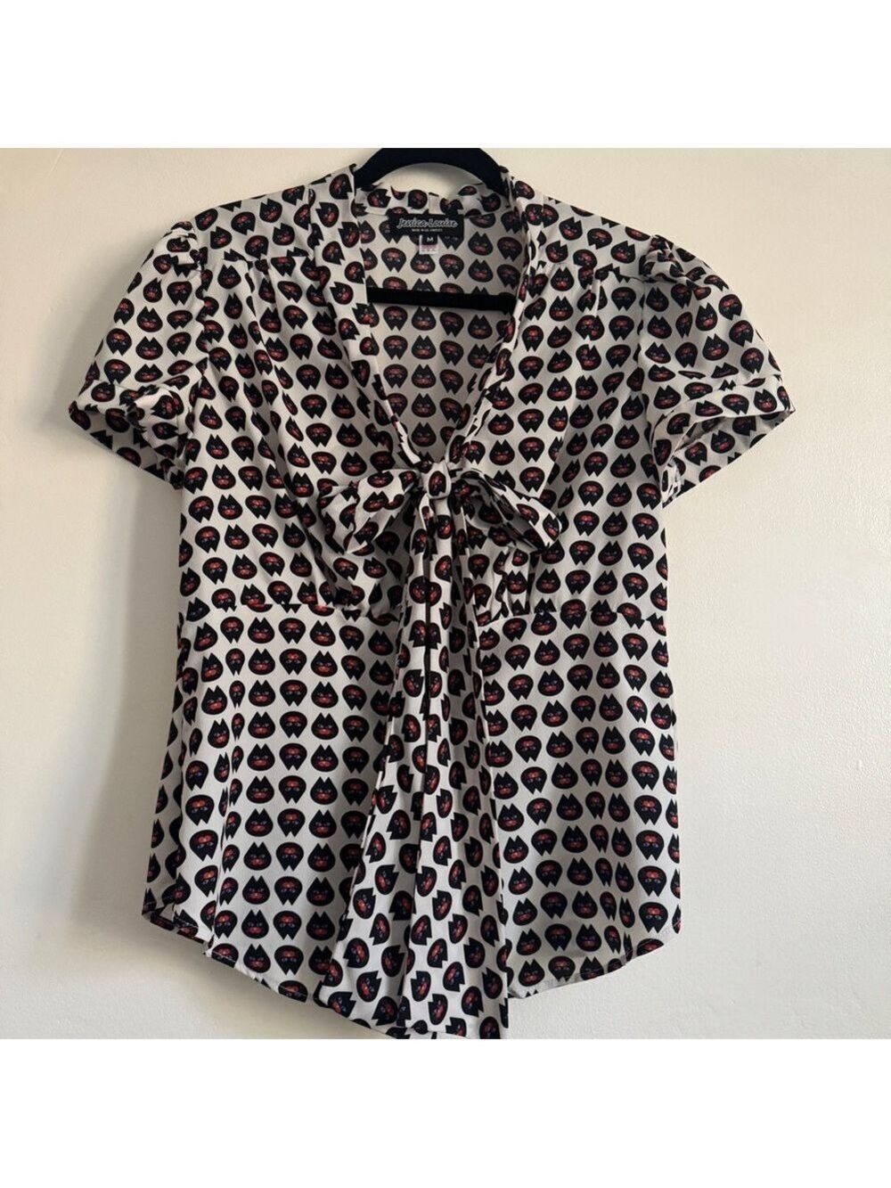 Jessica Louise Vintage Style Black Cat Tie V-Neck Blouse, Size Medium